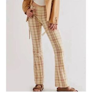 Free People The Way You Move Flare Plaid Linen Pants Neutral Beige NEW Size 12